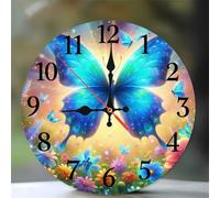 Wall Clock 10Inch, Arabic Numeral Round wall Hanging clock with Ultra-Quiet Movement Quartz, Battery Operated Silent wall clocks for Bedroom Office Living Room Classroom(Blue Butterfly Flower)