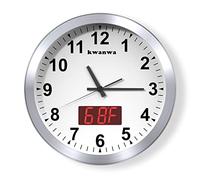 Wall Clock, 12" Metal Quartz LED Wall Clock, 1.4'' Light Sensor Auto Digital LED Time Display or Temperature, Adjustable Brightness, Battery Operated, Non Ticking Silent Quiet Sweep Second Hand