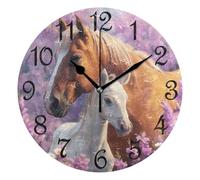 Wall Clock,Brown White Horse Purple Flowers,Large Number Digital Wall Clocks Frameless Decor Clocks for Office Kitchen 25cm