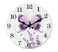 Wall Clock,butterfly Wall Clock,purple Lavender Wooden Wall Clock,round Wall Clock,non-ticking Movement,suitable For Living Room Wall Decor And Backgrounds 1 10in