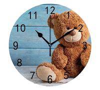 Wall Clock for Living Room Decor Cute Teddy Bear Blue Wood Hanging Round Desk Clocks Bathroom Kitchen Office