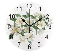 Wall Clock for Living Room Decor Watercolor White Flowers Hanging Round Desk Clocks Bathroom Kitchen Office