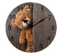 Wall Clock for Living Room Decor Wooden Background Cute Teddy Bear PVC 9.8 Inch Hanging Round Desk Clocks Silent Non-Ticking Battery Operated Easy to Read Bathroom Kitchen Office