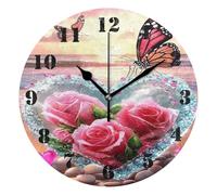Wall Clock,Heart-Shaped Crystal Clear Glass Roses Butterfly Beach Sea,Silent Non-Ticking Round Clocks Battery Operated Decor Clocks for Kitchen Living Room 25cm