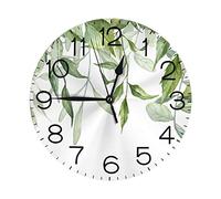 Wall Clock Leaf Botanical Green White Boho Watercolor Silent Non-Ticking 10 Inch Round Clocks Battery Operated Quartz Analog for Living Room Kitchen Bedroom Bathroom Office Home School Decor PVC