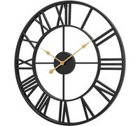 Wall Clock Modern Art Round Wall Clock, Industrial Metal Clock with Roman Numerals, Silent Non-Ticking Battery Operated Vintage Clock for Loft, Living Room, Kitchen,Black Wall Decor Clock 60CM (Black