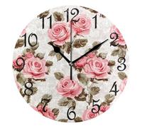 Wall Clock,Painting Roses Leaves,Quartz Round Clocks Frameless Decor Clocks for Living Room Bedroom 25cm