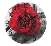 Wall Clock,Red Roses Grey Wooden,Easy To Read Digital Wall Clocks Quartz Decor Clocks for Bathroom Bedroom 25cm
