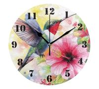 Wall Clock,Watercolor Hummingbird Hibiscus Flowers,Quartz Digital Wall Clocks Silent Non-Ticking Decor Clocks for Bedroom Office 25cm