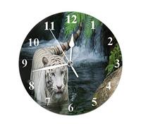Wall Clock White Tiger Albino Animal Big Cat Wild Animal Face Leopard Cheetah Pattern Water Leaf Round Wall Clock Home Decor Wall Clock for Thanksgiving Day Halloween Xmas