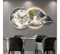 Wall Clock with Light, 3D Wall Art Decor Clock, Plug-in Power Illuminated Mountain Landscape Decorative, Acrylic Crystal Porcelain Craft(Gray1,80 * 40cm/31.5 * 15.7in)