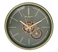 Wall Clock with Moving Gears and Metal Frame Green and Gold 35cm - W9899