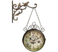 Wall Clock with Scroll Bracket - Vintage Metal Hanging Clock in Train Station Style, Double Sided Design, Wrought Iron Bird Ornament, Industrial Home Decor