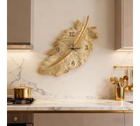 Wall Clocks,Feather Design Clock,Silent Wall Clocks Battery Operated, Large Decorative Wall Clock for Home Décor,Modern Wall Clock for Living Room,Gift (Gold)