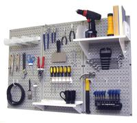 Wall Control 30-WRK-400 GW Pegboard Organizer 4' Metal Standard Tool Storage Kit with Gray Tool Board and White Accessories
