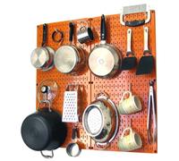 Wall Control Kitchen Pegboard Organizer Pots and Pans Storage Rack Organization Kit with Orange Pegboard and White Accessories