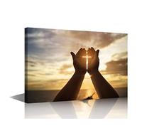 Wall Crosses Decor Jesus Hands Prayer Paintings Wall Art Panels Large for Living Room Christian Pictures Sunshine Canvas Modern Artwork Home Decorations Giclee Framed Ready to Hang - 24" W x 16" H