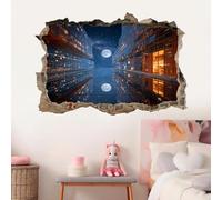 Wall Decal 3D City Streets Wall Stickers Smashed Art Waterproof Moon Reflection Vinyl Wall Tattoo for Kids Bedroom Living Room Playroom Baby Nursery Home Decor 50x75cm