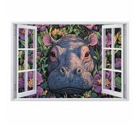 Wall Decal 3D Smashed Art Decor Hippo Wall Tattoo Art Vinyl Wall Stickers Flower Plants for Girls Kids Bedroom Nursery Living Room Sticker Mural Home Gift 75x112cm