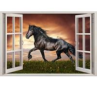 Wall Decal Art Decor 3D Smashed Noble Black Horse 3D Window View Decal Wall Sticker DIY Decor Art Mural 55x80cm