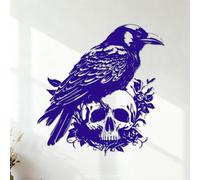 Wall Decals PVC Black Crow Gothic Style Skull Bones 54.6x56.6cm Removable Without Leaving Glue DarkBlue