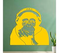 Wall Decals PVC Gorilla Monkey Headphones Music Cartoon Doodle Chimpanzee Listening to Headphones 54.6x56.9cm Art Decoration Yellow