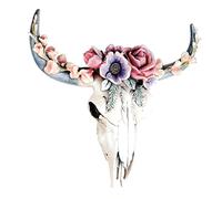 Wall Decor, Cow Skull Wall Sculptures, Resin Longhorn Cow Skull Hanging Decor with Artificial Plants Flowers, Animal Wildlife Figurines, Wall Art Crafts Ornament for Home Office (Flowers,