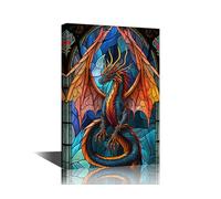 Wall Decor for Bedroom 1 Panel Dragon Print Picture Paintings Wall Art for Living Room Bathroom Colorful Dragon Framed Wall Art Stained Glass Window Style Wall Decorations Ready to Hang (24''Wx 36''H)