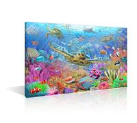 Wall Decor Sea Turtle Wall Art School of Fish Wall Decor for Living Room 1 Piece Colorful Corals Pictures Contemporary Home Decor Print on Canvas Stretched and Framed Ready to Hang (24" Wx36 H)