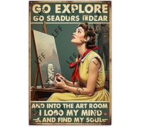 Wall Decor Tin Sign Art , Painting Girl, And Into The Art Room I Go, To Lose My Mind And Find My Soul Metal Tin Poster For Living Room Decor Home Decor Office Decor Farmhouse Decor Church 8X12 Inch