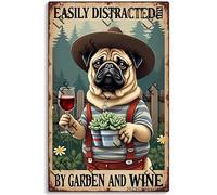 Wall Decor Tin Sign Easily Distracted By Garden And Wine Bulldog Drinking Red Wine Farmer Gardening Metal Tin Poster For Living Room Decor Home Decor Office Decor Farmhouse Decor Church 8X12 Inch