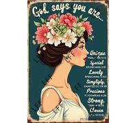 Wall Decor Tin Sign God Says You Are Unique Special Lovely Precious Strong Chosen Girl With Flowers Metal Tin Poster For Living Room Decor Home Decor Office Decor Farmhouse Decor Church 8X12 Inch
