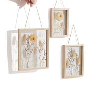 Wall Decoration Boho Style Wooden Frame with Pressed Dried Flowers, Set of 3 Wall Decoration Dried Flowers & Grass Spring Decoration Double Glass Frame All Year Round for Living Room, 16 x 11 cm, 19 x