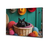 Wall Decorations Black Cat In A Basket With Colorful Yarns. Canvas Decorative Picture Easter Decor Dining Room Decor(30x40cm)