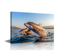 Wall Decorations For Living Room Large Size Canvas Sunset Scenery Pictures Modern Hotels Ocean Museum Two Dolphins Jumping Over The Water Wall Paintings Ready To Hang Home Decor 1 Piece (24"Wx36"H)