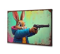 Wall Decorations Rabbit Holding A Gun, Colorful Background. Canvas Decorative Picture Easter Decor Dining Room Decor(20x30cm)
