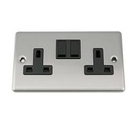 Wall Double Socket 2 Gang - Satin Matt Chrome Classic - Black Insert - Plastic Rocker Switch