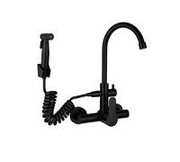 Wall Faucet,Black,Single Level Stainless Steel Kitchen Faucets,Wall Mount Faucet with Sprayer,Kitchen Sink in-Wall Double-Hole Hot and Cold