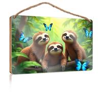 Wall Hanging Decor Men Three Sloths in A Jungle with Blue Butterflies Wooden Sign Gifts for Husbands Funny Signs for Bathroom(15X28CM)