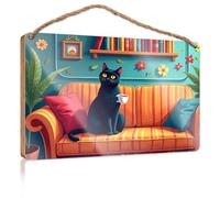 Wall Hanging Decor Sayings A Black Cat Holding A Cup of Tea Sits On an Orange Striped Couch in A Cozy Room Home Door Sign Fall Porch Decor(20X30CM)