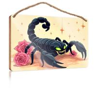 Wall Hanging Decor Sayings A Black Scorpion with Glowing Green Eyes is Surrounded By Pink Roses Home Door Sign Fall Porch Decor(23X35CM)