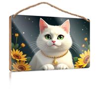 Wall Hanging Decor Sayings A White Cat with Green Eyes Wearing A Golden Necklace Surrounded By Sunflowers Home Door Sign Fall Porch Decor(23X35CM)