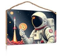 Wall Hanging Decor Sayings Astronaut Holding Bitcoin Symbol with Rocket Launching in Background Home Door Sign Fall Porch Decor(23X35CM)