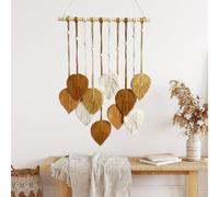 Wall Hanging Green Leaf Tassel Tapestry Boho Chic Wall Decor Handmade Woven Cotton Rope Tapestry Aesthetic Bohemian Wall Art for Bedroom Living Room Office Apartment Ornament (Brown)