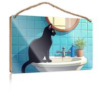 Wall Hanging Signs A Black Cat Sits On A Bathroom Sink, Gazing Into A Mirror Wooded Sign Gifts for The Office Lake House Decor(23X35CM)