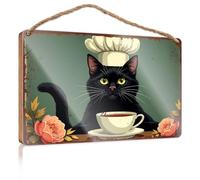 Wall Hanging Signs A Black Cat Wearing A Chef's Hat Sits Behind A Cup of Tea, Surrounded by Flowers Wooded Sign Gifts for The Office Lake House Decor(20X30CM)