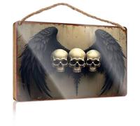 Wall Hanging Signs Three Skulls With Black Wings On Rustic Background Wooded Sign Bathroom Funny Decor Playroom Decor(15X28CM)