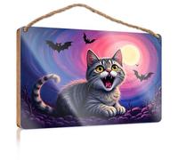 Wall Hanging Wood Sign A Spooky Cat with Bats Flying in The Night Sky Dorm Room Accessories Kitchen Decorations Wall(15X28CM)