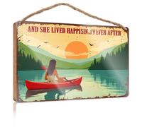 Wall Hanging Wood Sign A Woman Paddles A Red Canoe On A Serene Lake with Mountains in The Background Dorm Room Accessories Kitchen Decorations Wall(20X30CM)