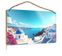 Wall Hanging Wood Sign Blue Domes and White Buildings Overlooking The Sea Dorm Room Accessories Kitchen Decorations Wall(20X30CM)